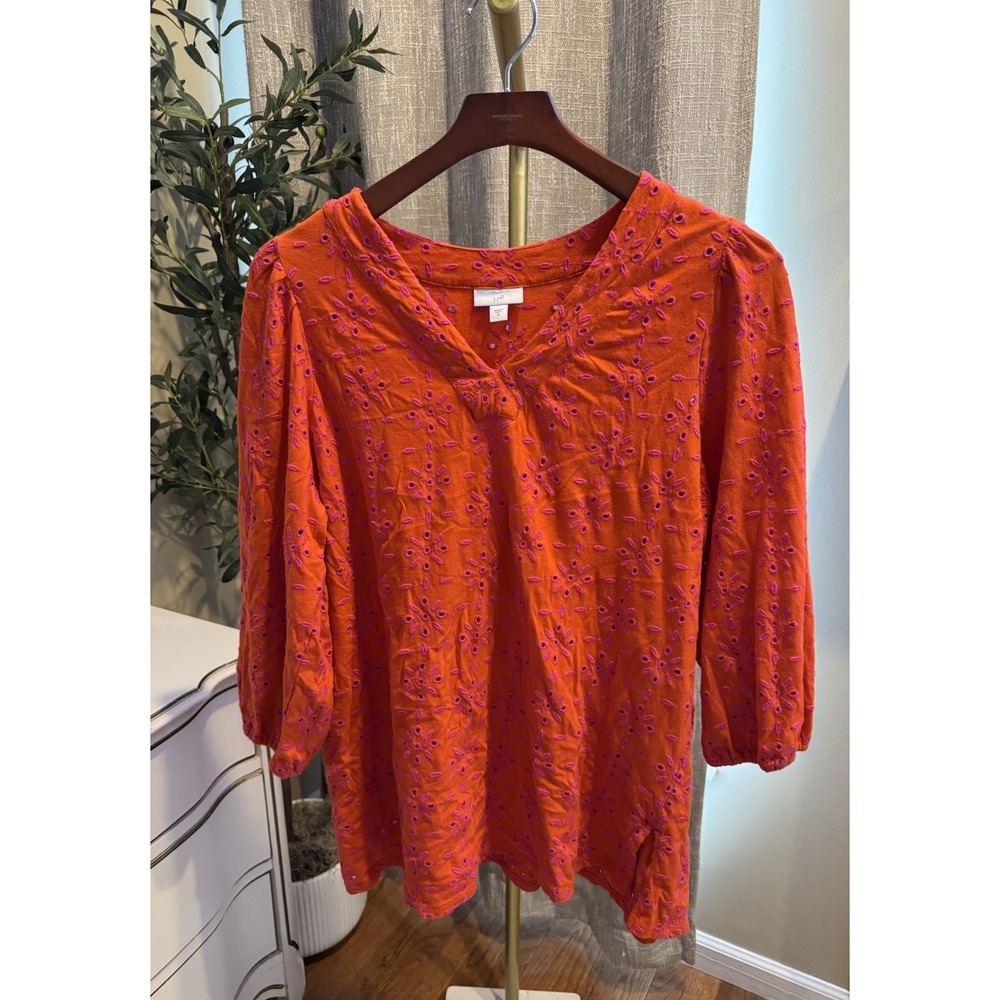 J. Jill Embroidered Cotton Tunic Top Orange Pink 3/4 Sleeve V-neck Women Medium